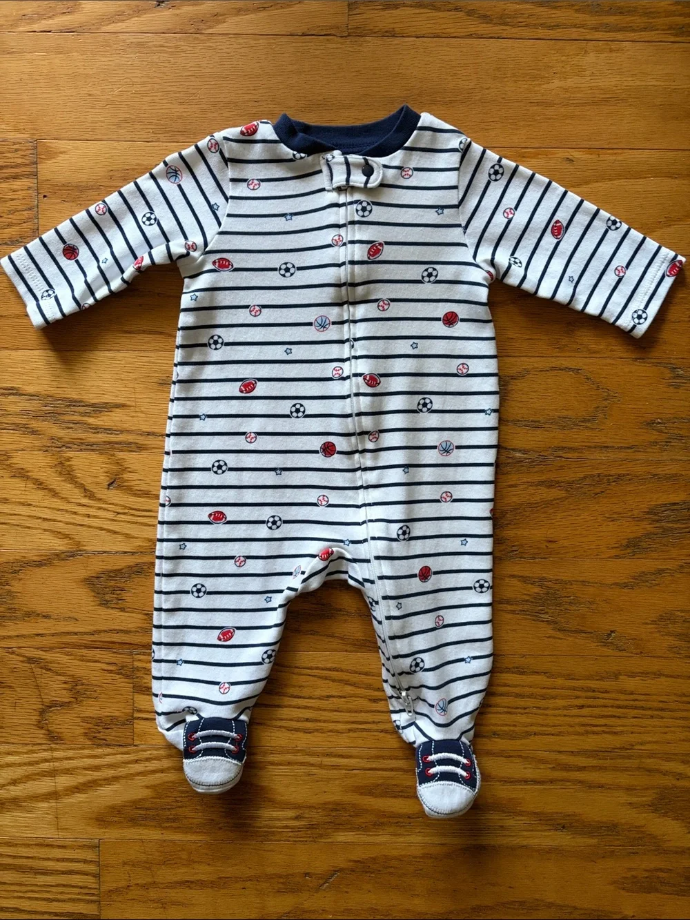Little Me Navy Striped Sports 100% Cotton Sleeper Footie